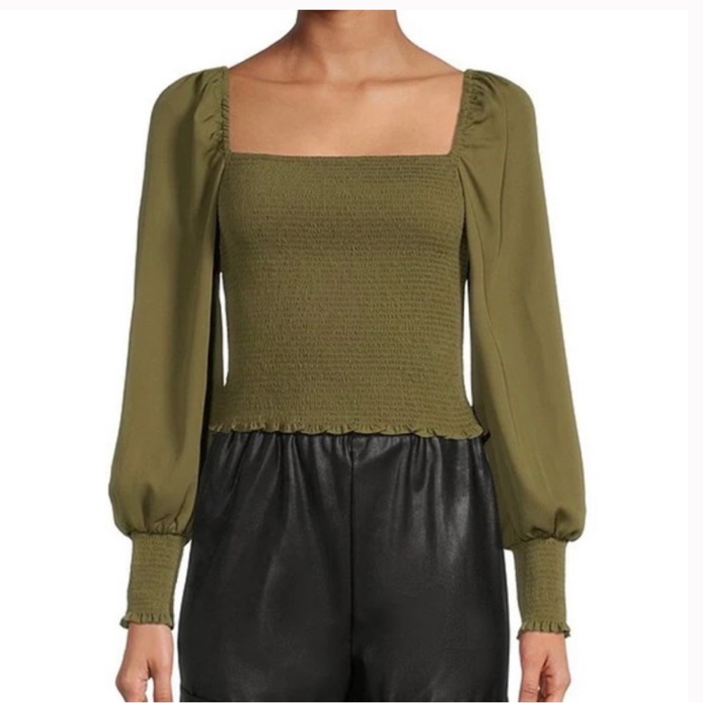 Gianni Bini Angel Square Neck L/S Cropped Smocked Blouse - Basil - Medium - NWT
